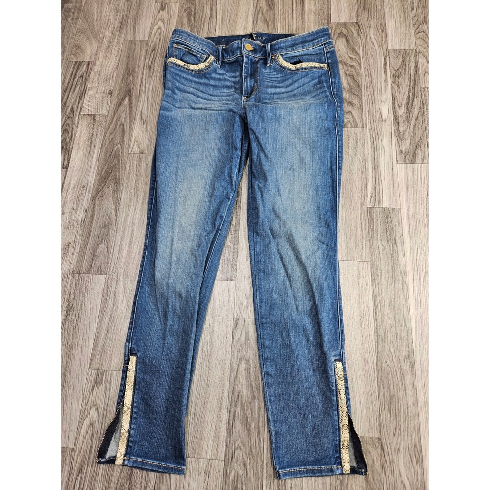 White House Black Market Skinny Ankle Jeans Womens 6 Blue Snakeskin Trim Zippers